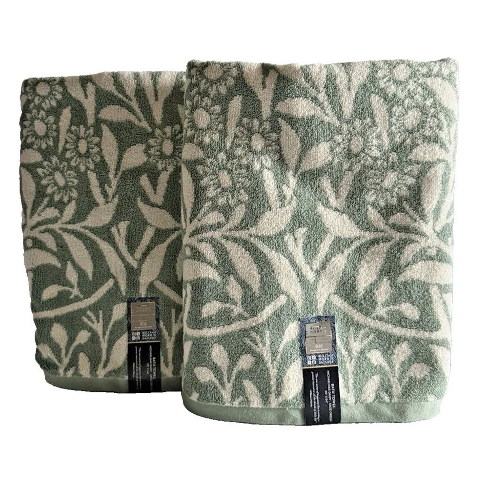 William Morris Michaelmas Daisy Sage Green Bath Towel Set of 2 English Garden